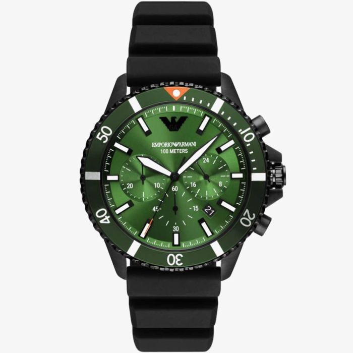 Emporio Armani AR11463 Men's Chronograph Watch, Green Dial, Black Silicone Strap, 100M