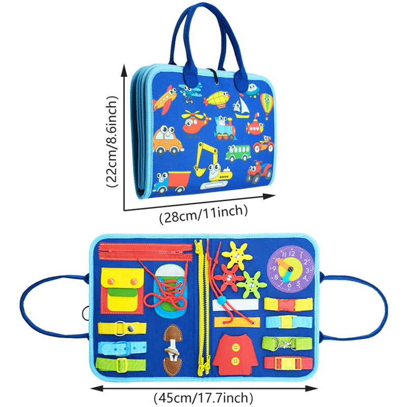 Montessori Busy Board For Toddlers, Sensory Life Skills Toy With Dressing Activities, Ages 3-6 featuring colorful hands-on activities for preschool learning