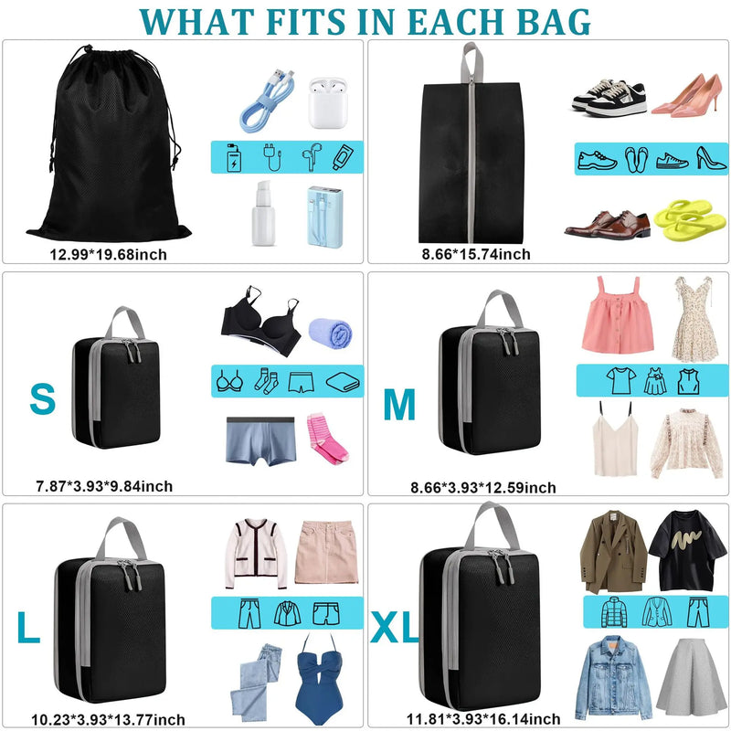 4/6-Piece Compression Packing Cubes, Waterproof Polyester Travel Luggage Organizer Bags showing space-saving clothing storage inside luggage