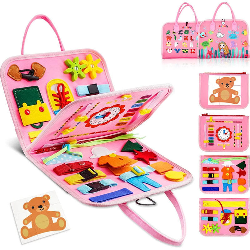 Montessori Busy Board For Toddlers, Sensory Life Skills Toy With Dressing Activities, Ages 3-6, colorful felt activity board for preschool learning