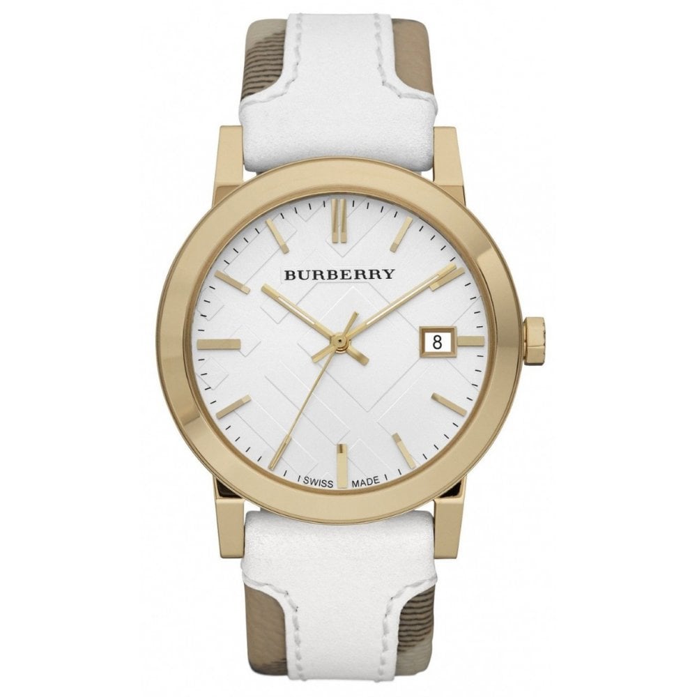 Burberry The City BU9015 Swiss Quartz Watch, Gold PVD Case, White Check Leather Strap
