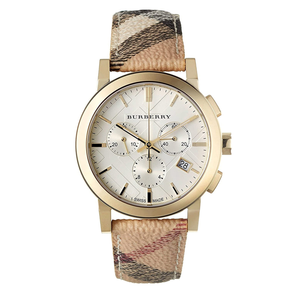 Burberry BU9752 Haymarket Chronograph Swiss Made Gold Tone Watch With Date And Leather Strap