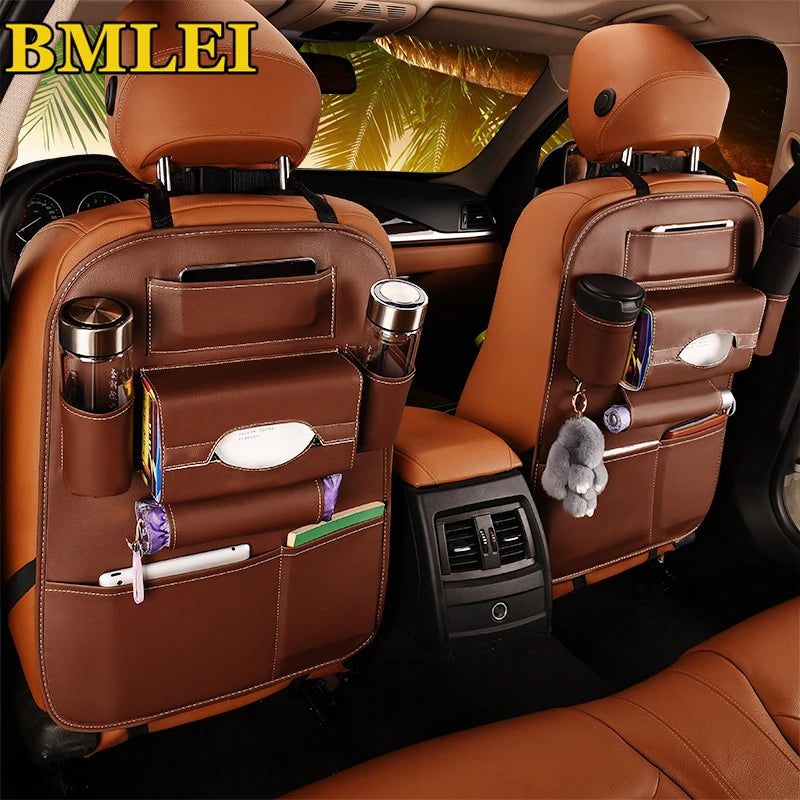 Universal PU Leather Car Seat Back Organizer Bag, Multifunction Storage Pocket shown attached to a vehicle seat