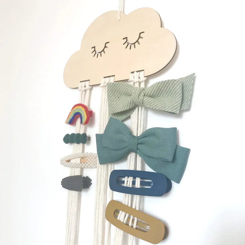 Solid Wood Cloud Ornament Jewelry Hairpin Bow Storage Holder, Rustic Decorative Organizer displayed as a compact vanity accessory holder