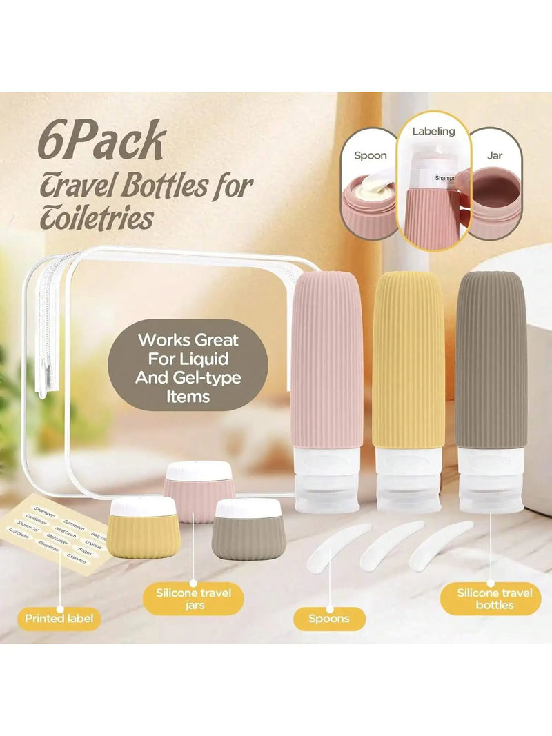 6-Piece TSA Travel Toiletry Bottle Set With 3 Leak-Proof Silicone Bottles And 3 Cream Jars, compact organizers for shampoo, lotion, and skincare