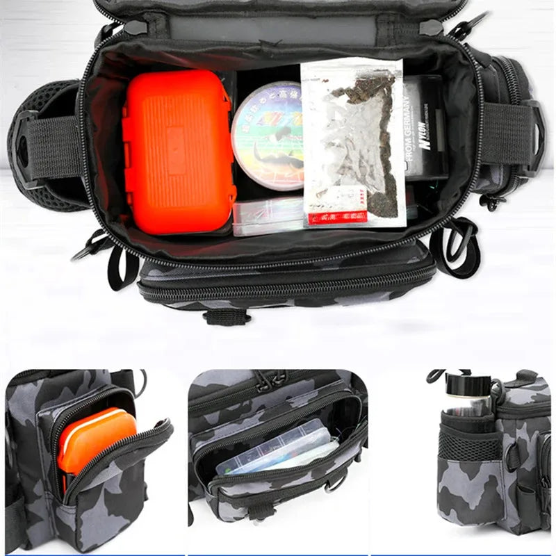 Black Fishing Tackle Shoulder Bag, Nylon Waist Pack With Fishing Rod Holder For Outdoor Sports with built-in fishing rod holder
