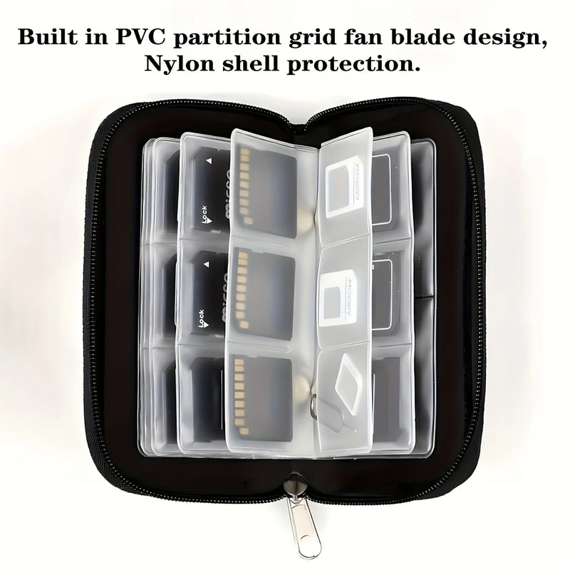 22-Slot Memory Card Storage Case, Portable Organizer For SD, CF, Micro SD And More in black polyester with organized card pockets