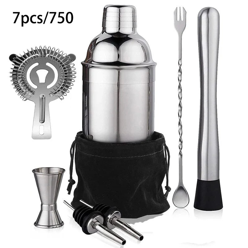 6/7/10-Piece Stainless Steel Cocktail Shaker Set, 304 Bartending Tools With Storage Bag with organized bar tools for home cocktails