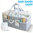 Baby Diaper Caddy Organizer, Organic Cotton Storage Basket For Newborn Essentials shown as a nursery storage basket for diapers, wipes, and baby care supplies