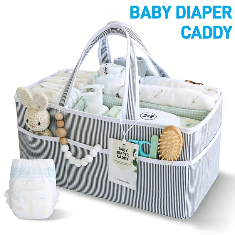 Baby Diaper Caddy Organizer, Organic Cotton Storage Basket For Newborn Essentials shown as a nursery storage basket for diapers, wipes, and baby care supplies