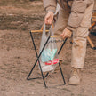 MOUNTAINHIKER Folding Iron Garbage Bag Rack With Wooden Handle, Portable Kitchen Organizer holding an open trash bag