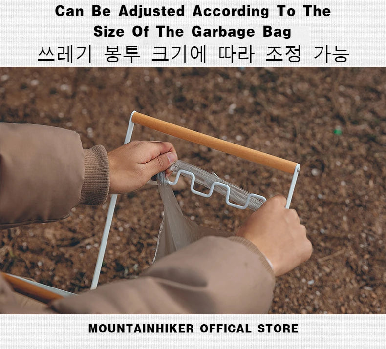 MOUNTAINHIKER Folding Iron Garbage Bag Rack With Wooden Handle, Portable Kitchen Organizer folded for easy storage