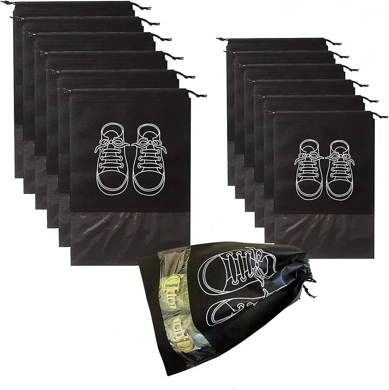 10-Pack Foldable Non-Woven Shoe Storage Bags With Transparent Pockets, Travel Organizers in lightweight non-woven fabric for home and travel use