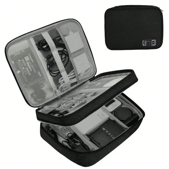 Waterproof EVA Cable Organizer Bag, Portable Electronics Travel Case For USB Chargers shown with organized cables and small tech accessories