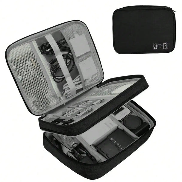 Waterproof EVA Cable Organizer Bag, Portable Electronics Travel Case For USB Chargers shown with organized cables and small tech accessories