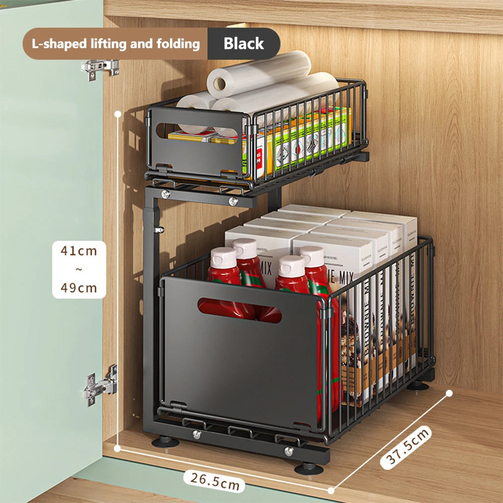 2-Tier Pull-Out Cabinet Organizer, Adjustable Under-Sink Storage Rack With Slide-Out Baskets