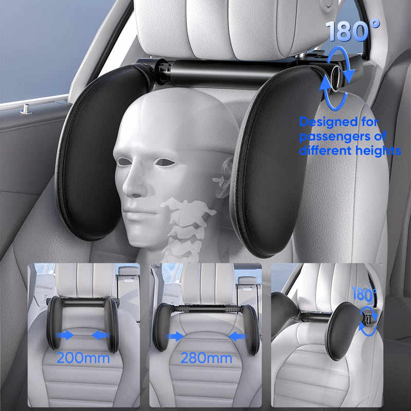 Car Headrest Pillow, Thick Memory Foam Neck Support, 180° Adjustable, Foldable Travel Cushion shown in a vehicle seat