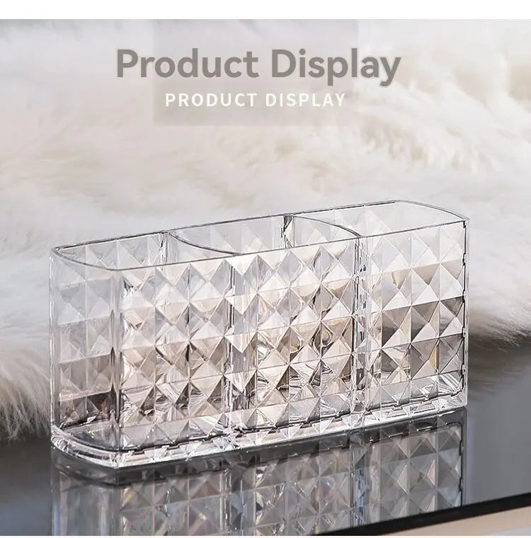 Diamond Patterned 3-Grid Transparent Storage Box, Cosmetic And Bathroom Organizer shown from the front