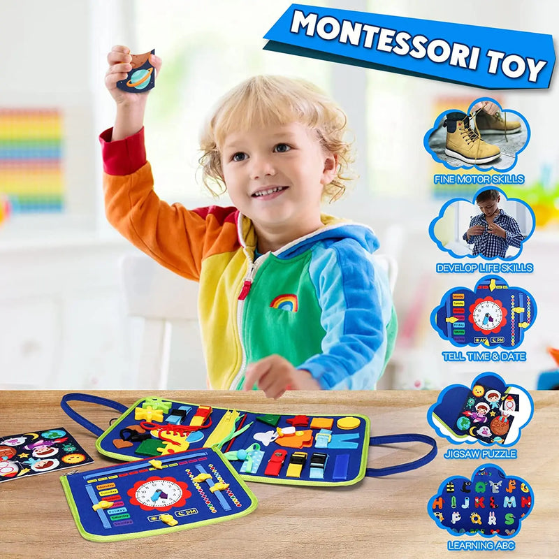 Montessori Busy Board For Toddlers, Sensory Life Skills Toy With Dressing Activities, Ages 3-6 with buckles, buttons, snaps, and tying practice