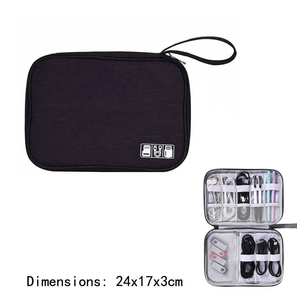 Water-Resistant Travel Electronics Organizer Case, Double-Layer Cable Bag With Dividers