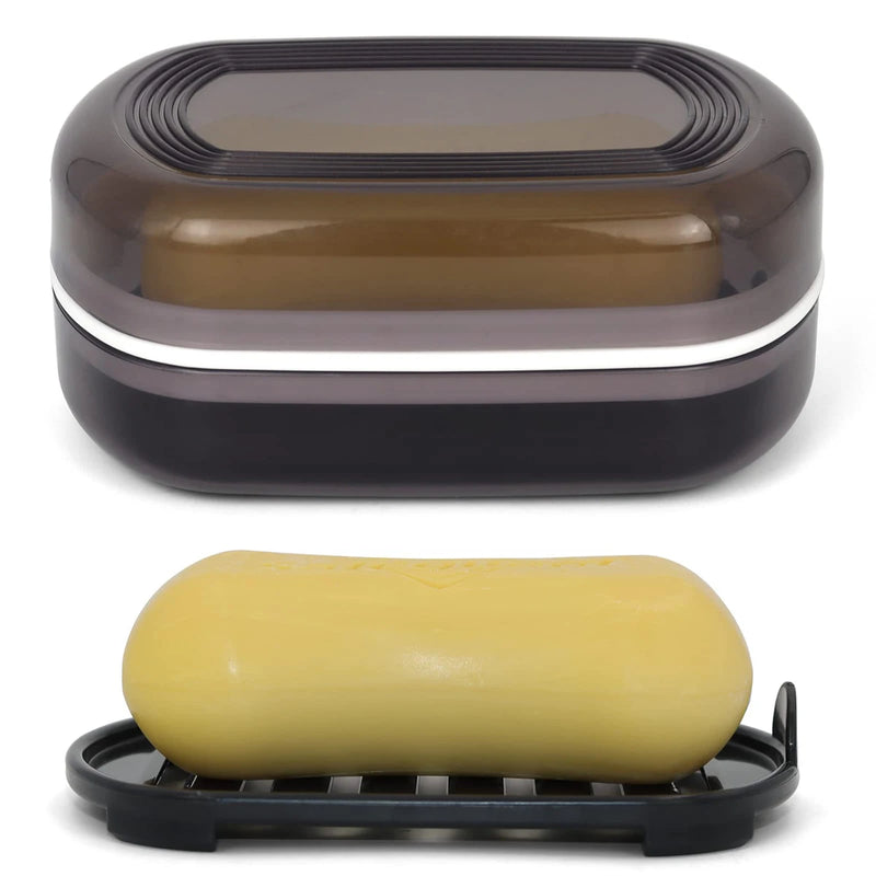 Portable Black Bamboo Soap Dish With Cover, Double-Layer Travel Holder For Shower with raised drainage tray