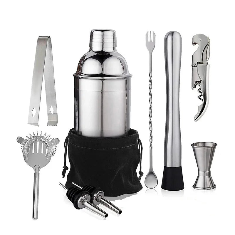 6/7/10-Piece Stainless Steel Cocktail Shaker Set, 304 Bartending Tools With Storage Bag shown as a complete home bar accessory set
