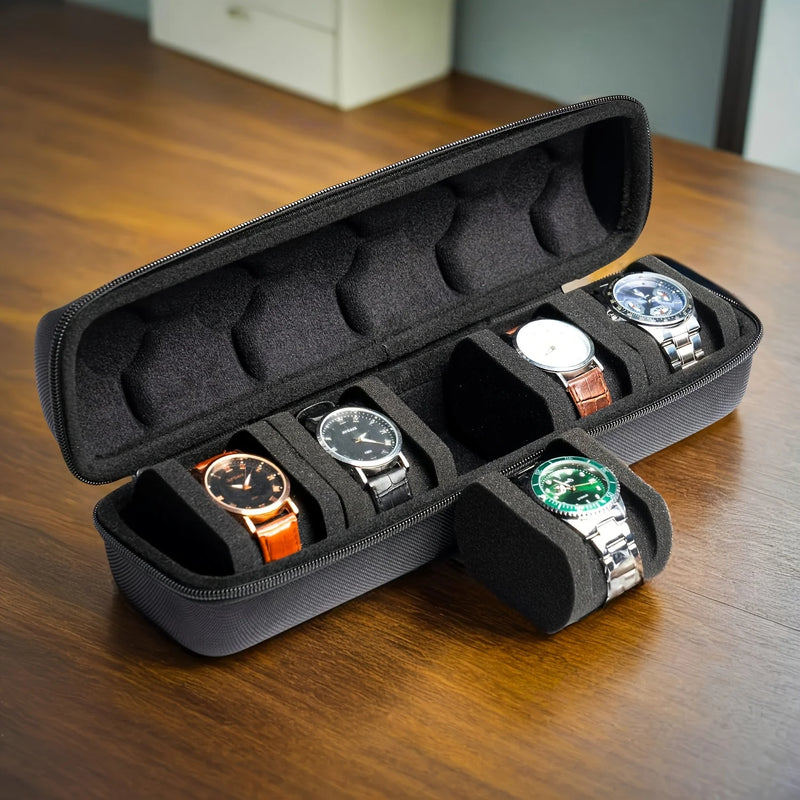 5-Slot Watch Travel Case With Velvet Pillow Inserts, Hard Shell Organizer For Smartwatches, Black opened to reveal five cushioned watch compartments