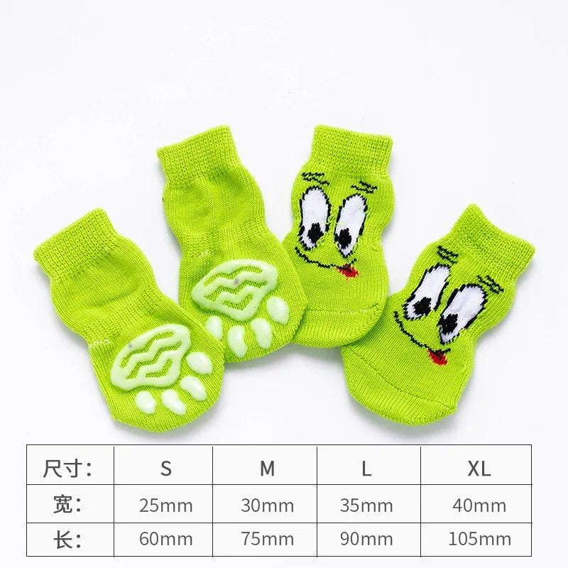 4-Piece Cute Pet Dog Socks, Printed Non-Slip Cat Shoes, Warm Polyester Paw Protectors featuring non-slip paw prints for indoor floors