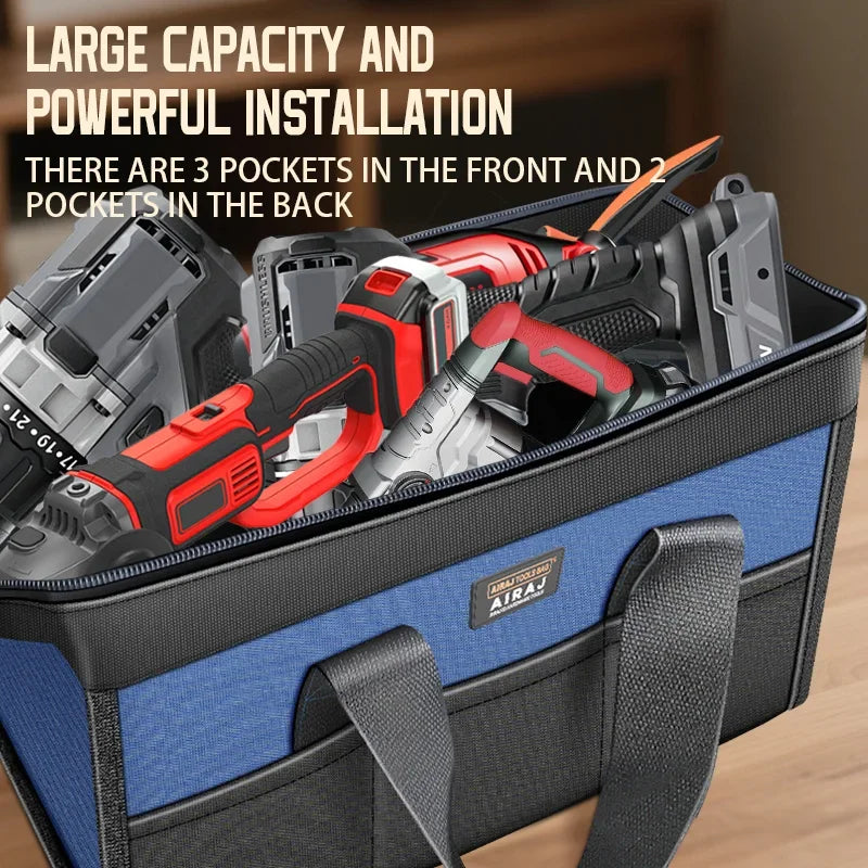 AIRAJ 14-Inch Tool Bag, Waterproof Oxford Cloth Electrician Organizer With 5 Pockets featuring a spacious main compartment