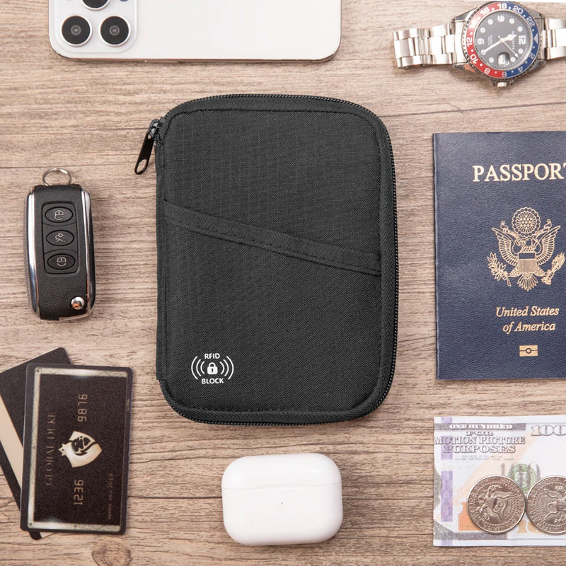 RFID Blocking Passport Holder Travel Wallet, Nylon Document Organizer For Men And Women shown in a compact travel-ready design
