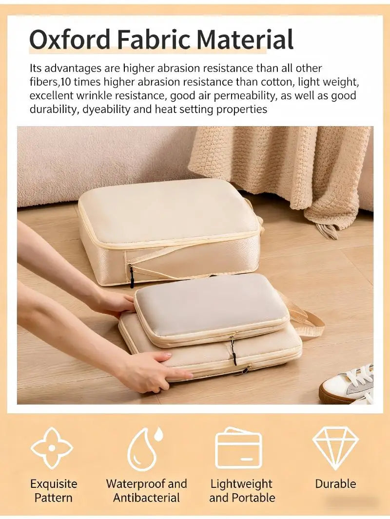 HOMEFISH 3-Piece Compressible Travel Packing Cubes, Waterproof Luggage Organizer Set showing space-saving compression for travel luggage