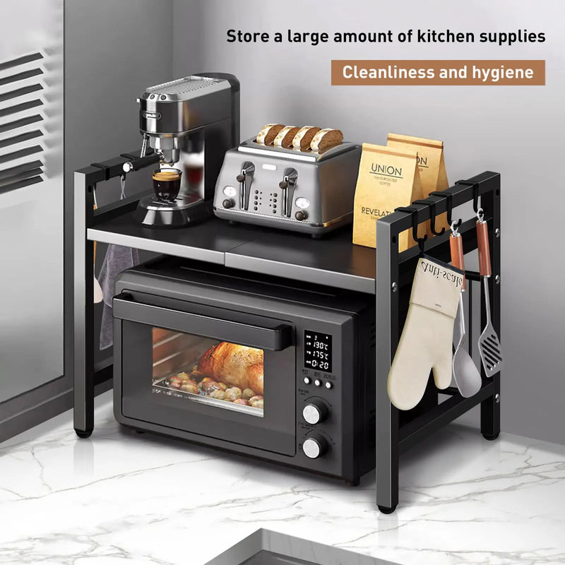 Expandable Microwave Shelf Organizer, 42-64cm Adjustable Rust-Resistant Countertop Rack on a kitchen counter for vertical storage
