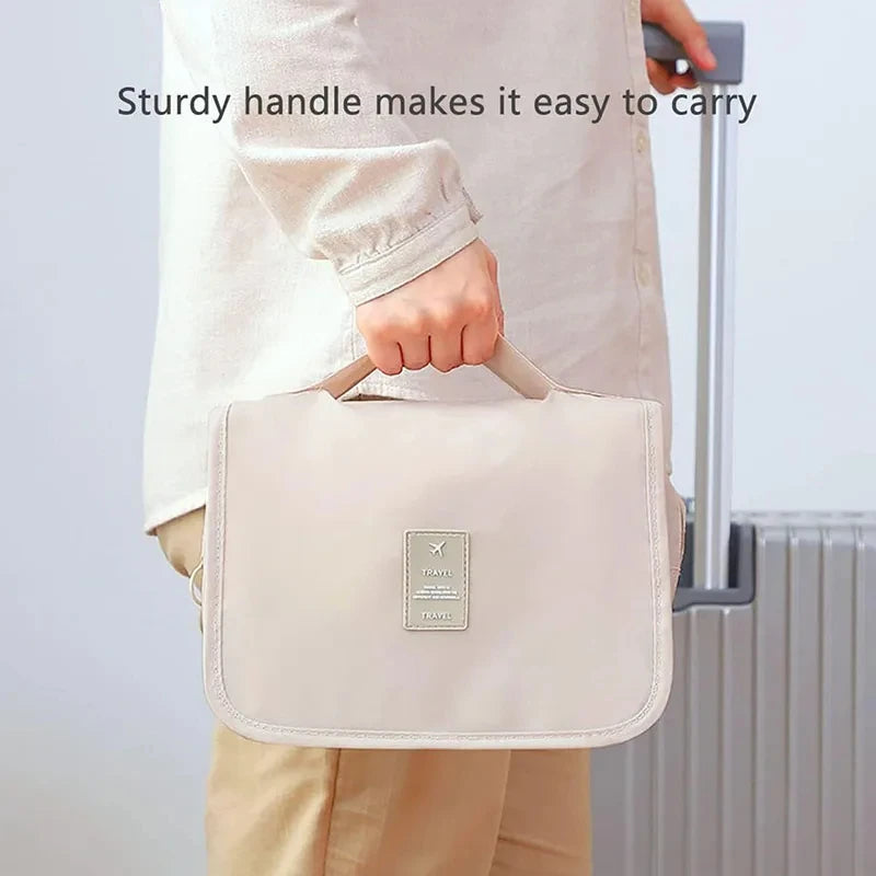 Waterproof Hanging Travel Makeup Bag, Foldable Toiletry Organizer With Hook opened to show organized toiletry compartments