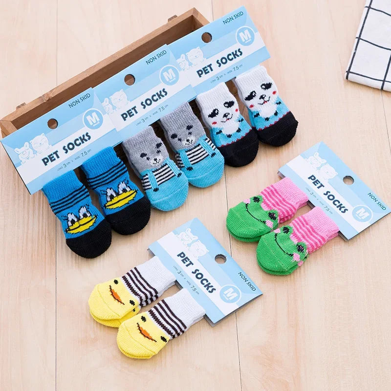 4-Piece Cute Pet Dog Socks, Printed Non-Slip Cat Shoes, Warm Polyester Paw Protectors with cute animal pattern