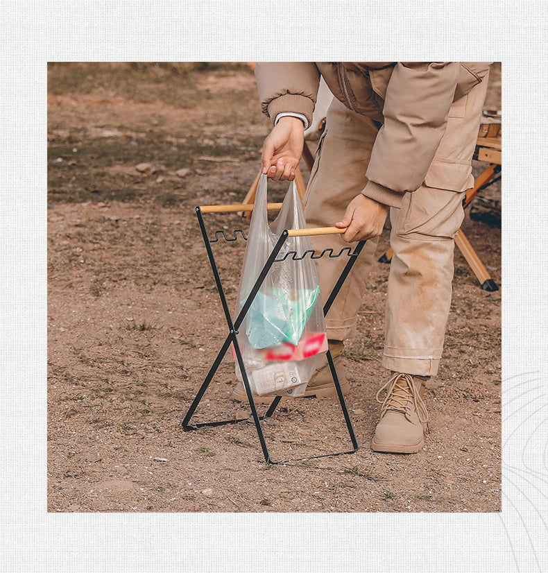MOUNTAINHIKER Folding Iron Garbage Bag Rack With Wooden Handle, Portable Kitchen Organizer shown assembled for kitchen waste storage