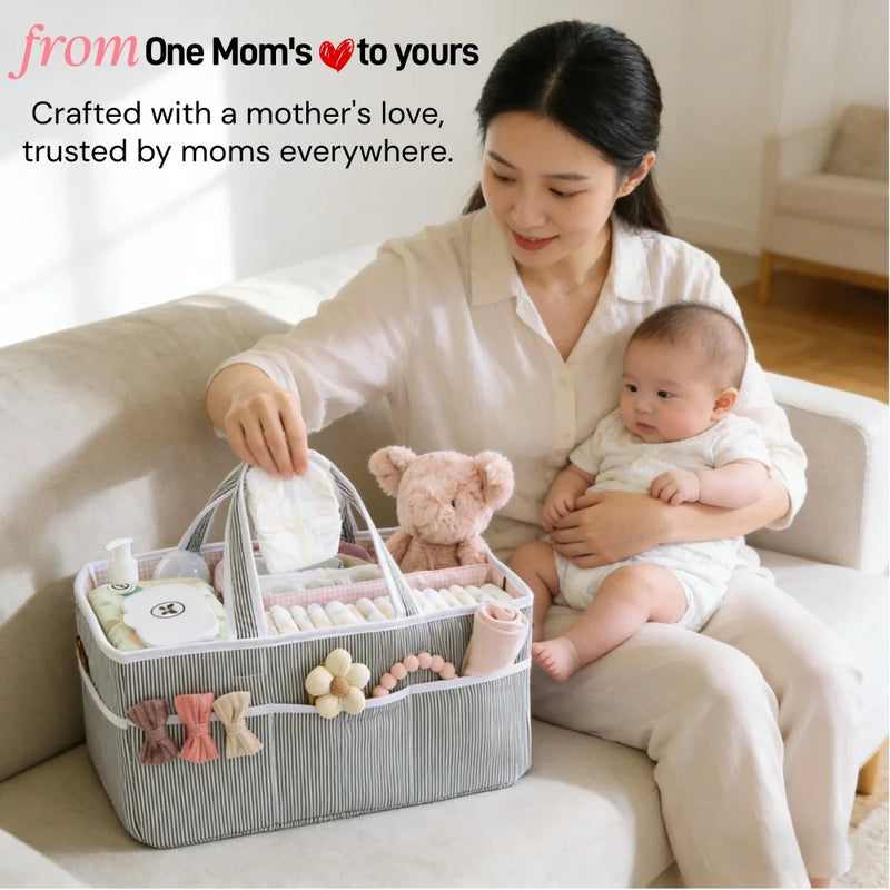 Baby Diaper Caddy Organizer, Organic Cotton Storage Basket For Newborn Essentials on a nursery changing table