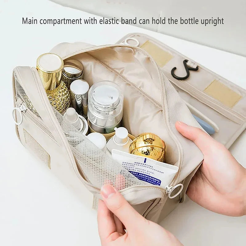 Waterproof Hanging Travel Makeup Bag, Foldable Toiletry Organizer With Hook hanging from a bathroom hook