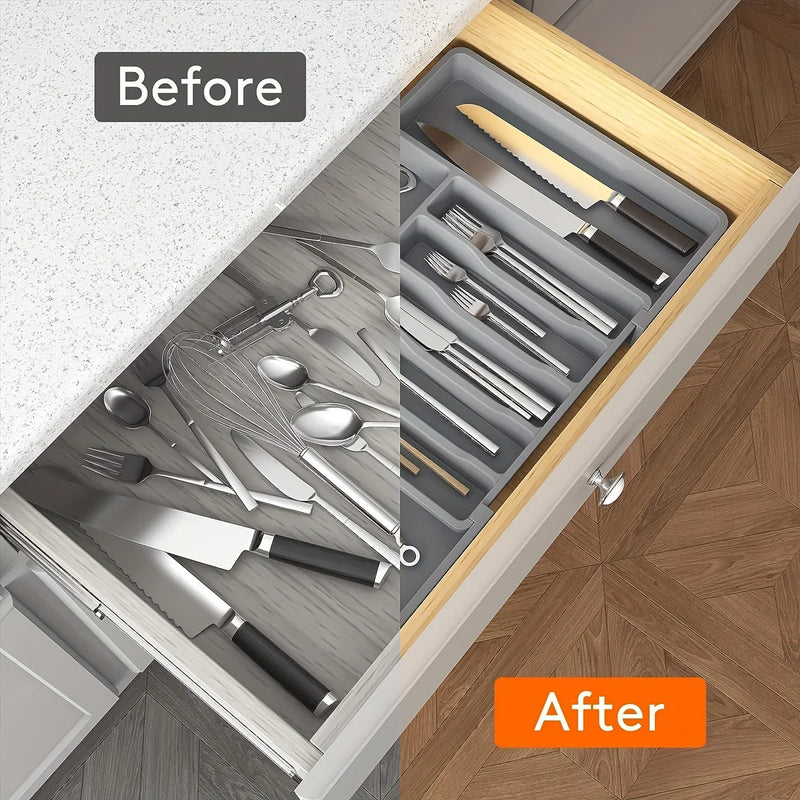 Expandable Kitchen Drawer Organizer, Adjustable 6-8 Compartment BPA-Free Utensil Tray expanded to fit different drawer sizes
