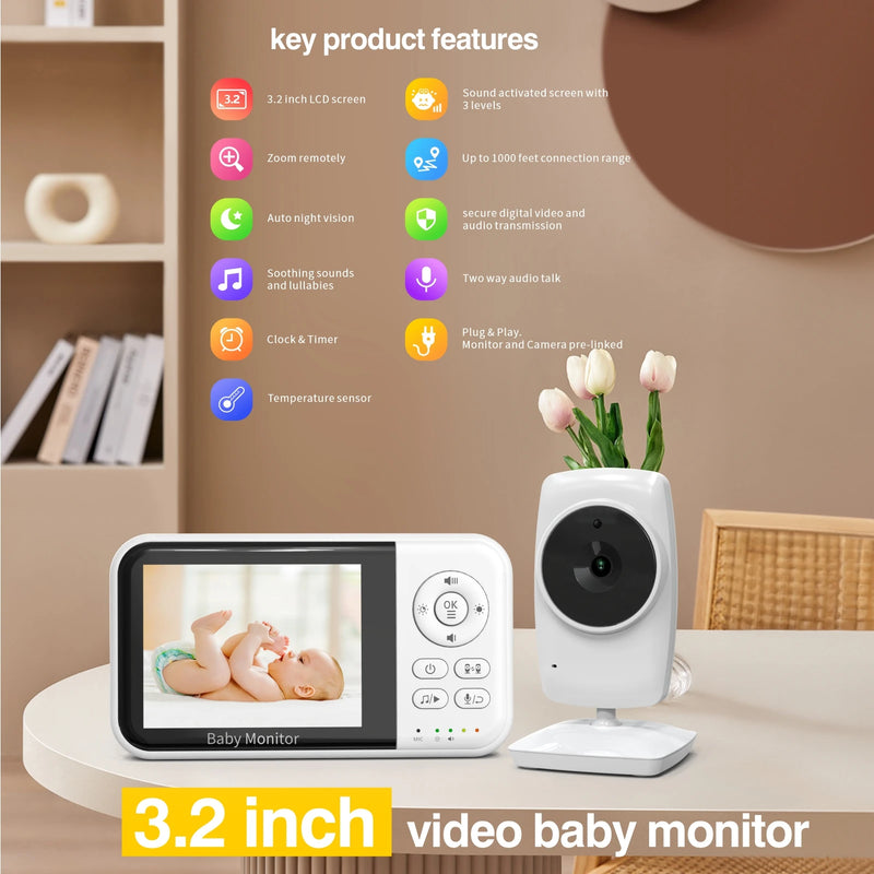 3.2-Inch Video Baby Monitor With Camera, Night Vision, 2-Way Audio, Temp, 2X Zoom & Lullabies shown with the portable parent LCD screen and nursery camera