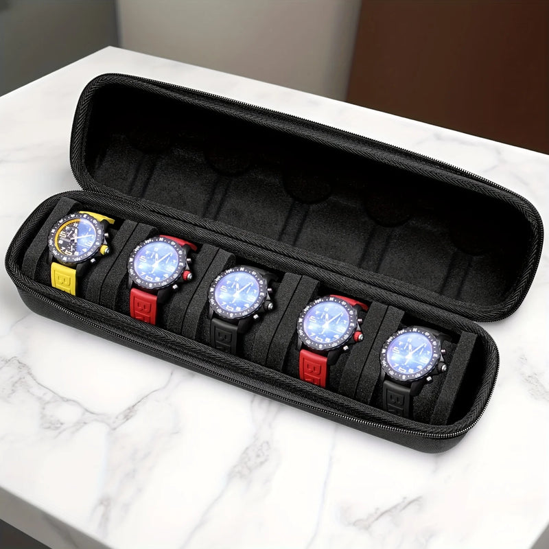 5-Slot Watch Travel Case With Velvet Pillow Inserts, Hard Shell Organizer For Smartwatches, Black for travel and storage