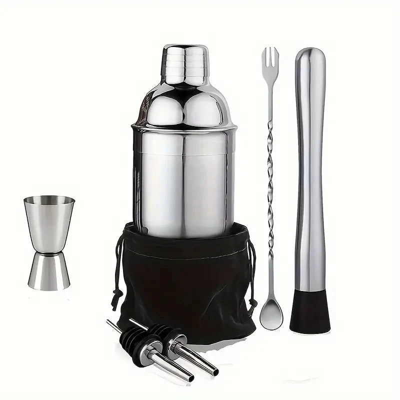 6/7/10-Piece Stainless Steel Cocktail Shaker Set, 304 Bartending Tools With Storage Bag featuring polished stainless steel cocktail accessories
