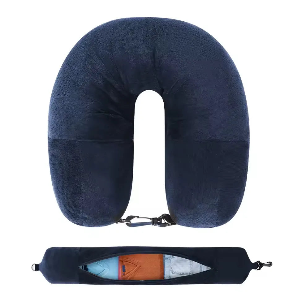 U-Shaped Travel Neck Pillow With Velvet Cover, Fillable Pocket And Storage Bag