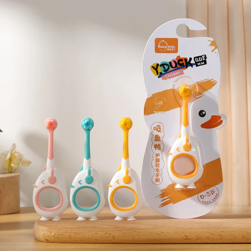 Baby Toothbrush For Infants And Toddlers 0-3, Small Head, Cartoon Handle, Suction Cup Base shown in a compact design for gentle daily brushing