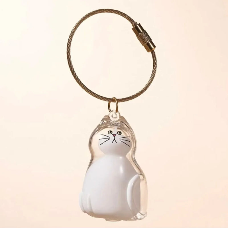 Pet Hair Memorial Keychain, Cat-Shaped Resin Storage Capsule For Cat And Dog Fur Keepsake shown as a cute cat-shaped resin pet memorial charm with key ring