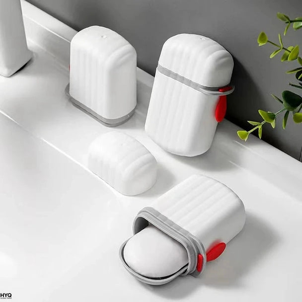 Portable Waterproof Soap Box With Drainage, Travel Soap Dish For Bathroom, Hiking & Camping shown with a secure covered design
