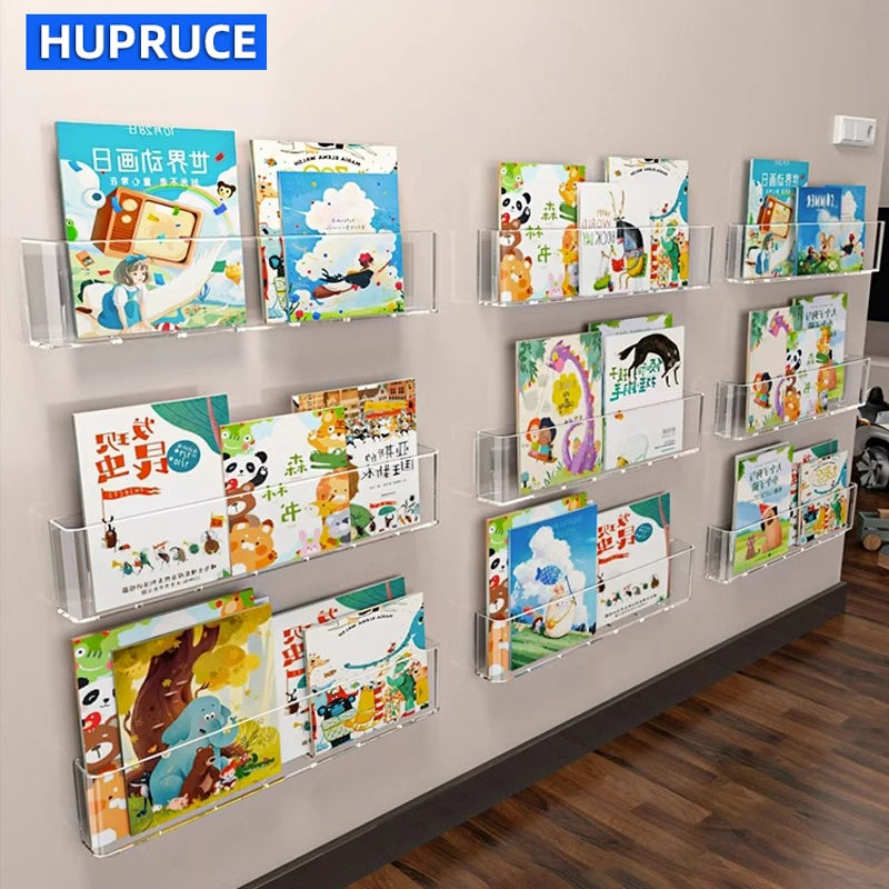 Wall-Mounted Transparent PET Book Display Rack, No-Drill Magazine Organizer For A4 Sheets shown in a clear front-facing view