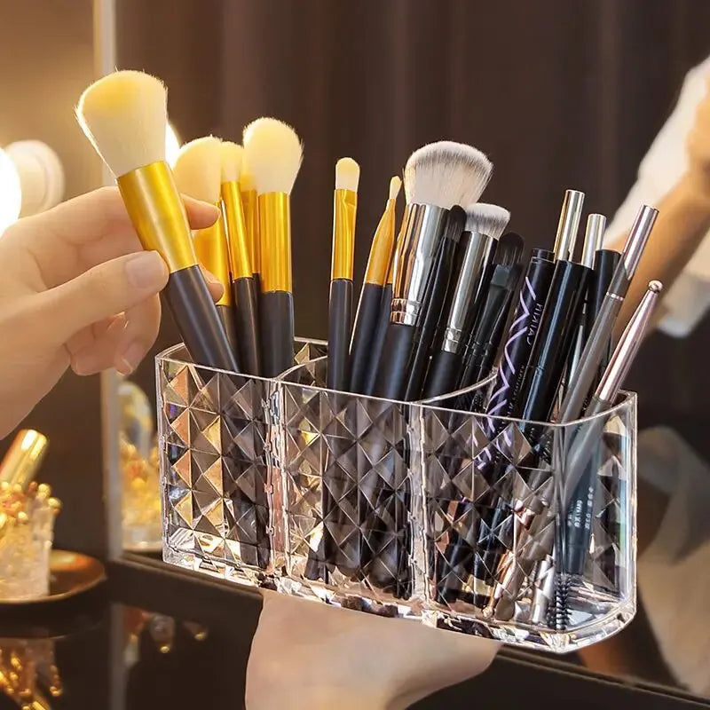 Diamond Patterned 3-Grid Transparent Storage Box, Cosmetic And Bathroom Organizer showing the clear three-compartment design