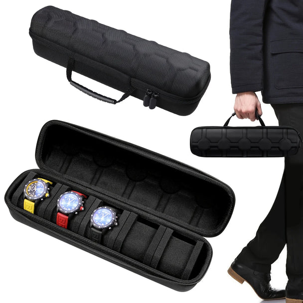 5-Slot Watch Travel Case With Velvet Pillow Inserts, Hard Shell Organizer For Smartwatches, Black showing five cushioned watch compartments