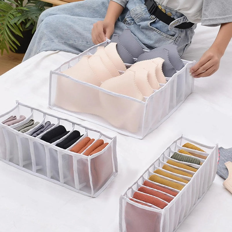 Foldable Drawer Organizer Box For Socks, Underwear, Bras, And Jeans, 7/9/11 Grids available in multiple sizes and neutral colors