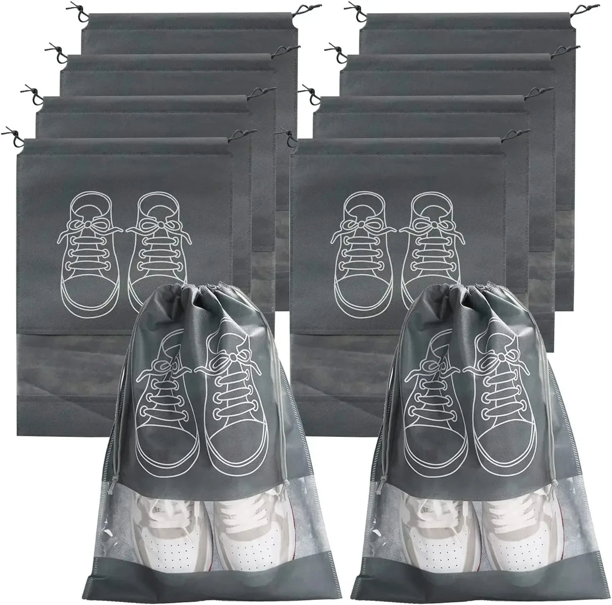 10-Pack Foldable Non-Woven Shoe Storage Bags With Transparent Pockets, Travel Organizers featuring labeled transparent pockets and lightweight foldable design